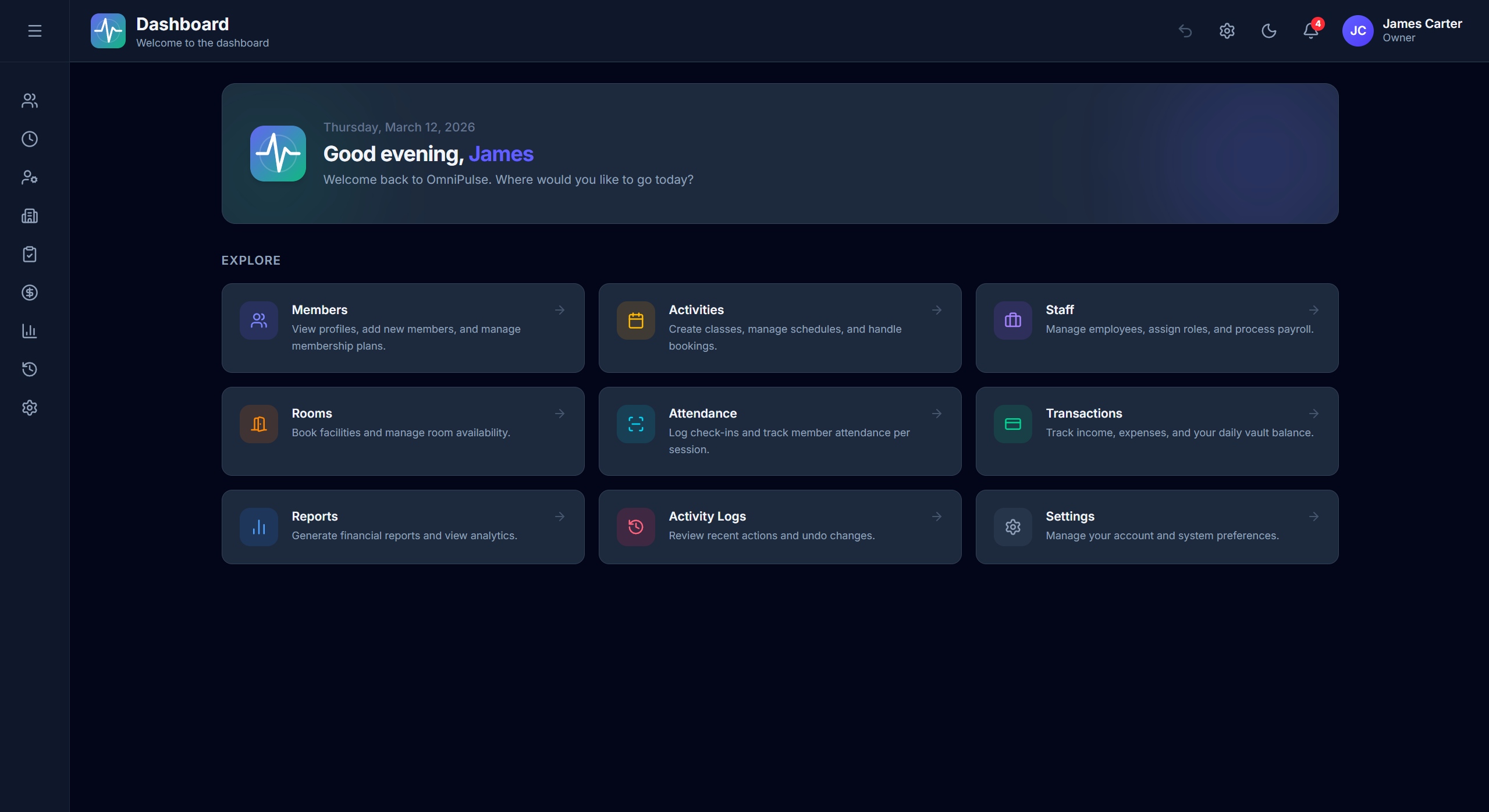 Pulse Onics gym management dashboard showing membership stats, revenue charts, and activity overview