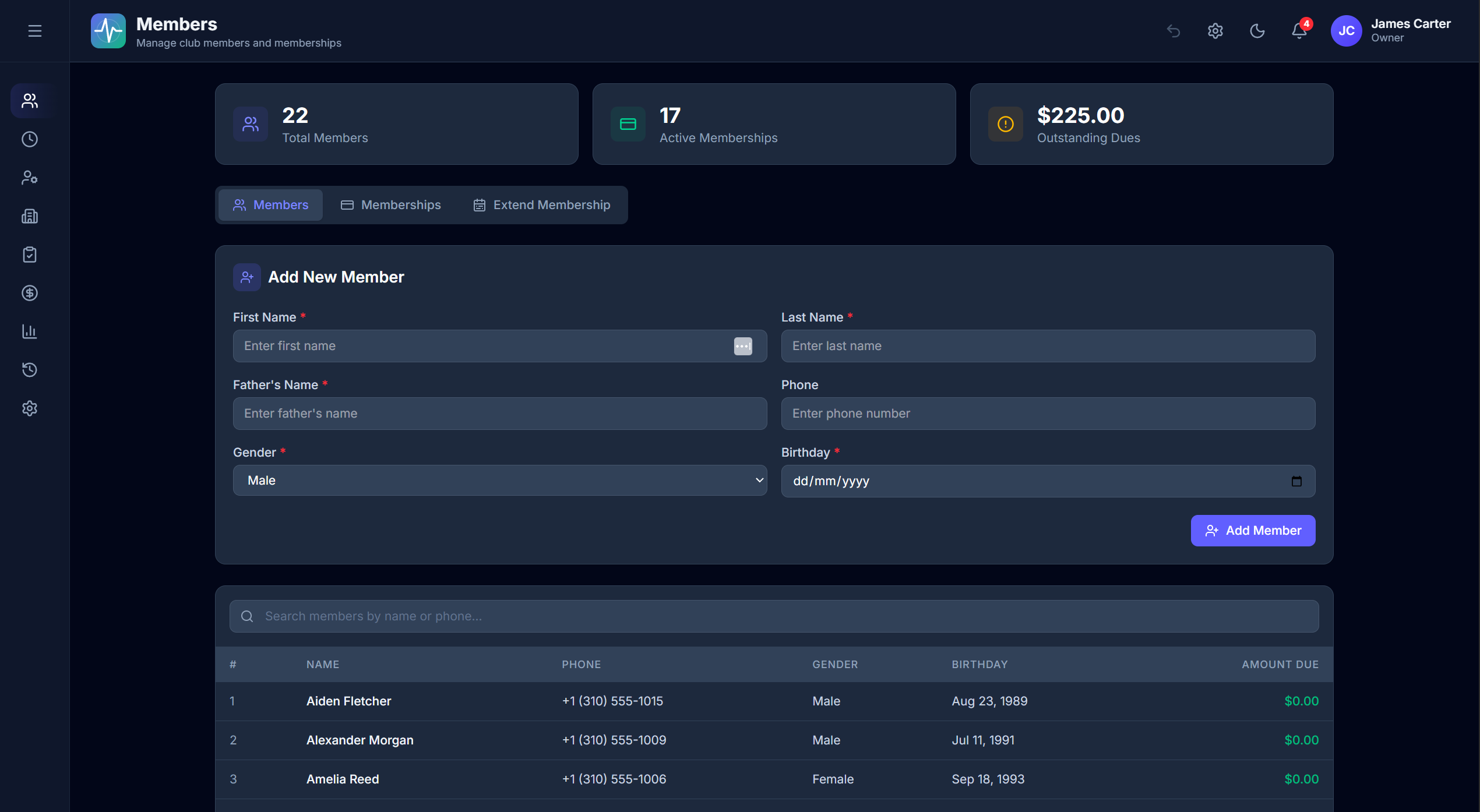 Pulse Onics member management page with member profiles, badge assignment, and dues tracking