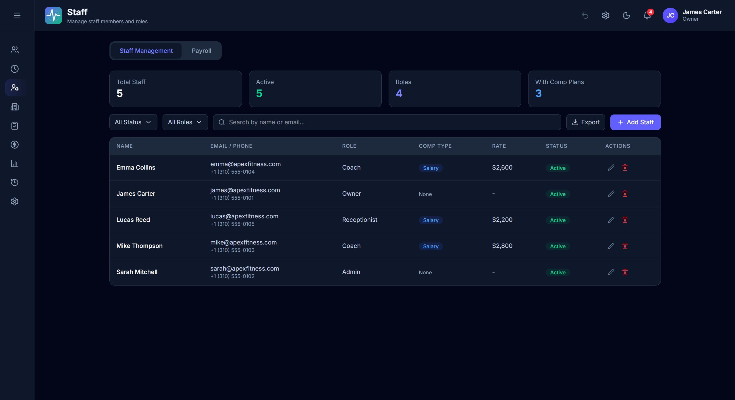 Pulse Onics staff management page with roles, payroll calculation, and coach assignments